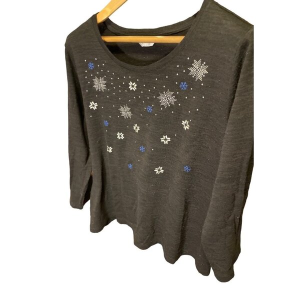 CJ Banks Black Round Neck 3/4 Sleeve Snowflake Sweater - Picture 3 of 10